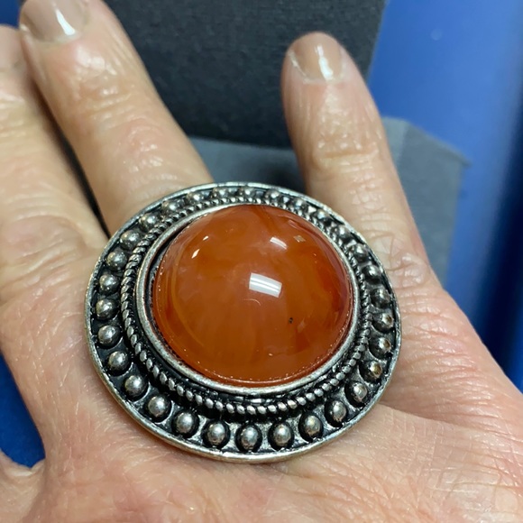 Orange CARNELIAN stone inlays Nsilver metal ring 8 - Picture 2 of 7